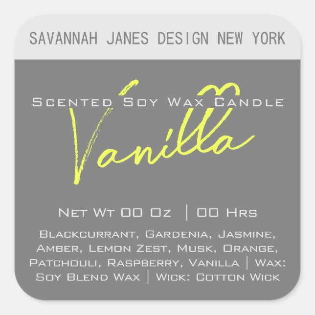 Modern Calligraphy Grey Yellow Candle Labels (Front)