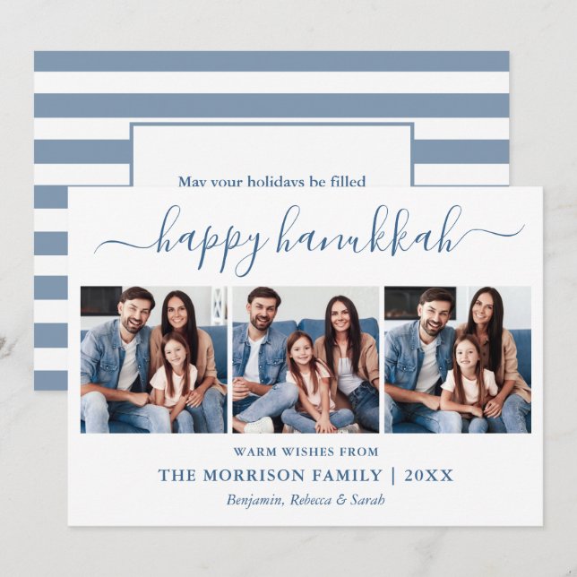 Modern Calligraphy Hanukkah 3 Photo Blue Striped Holiday Card (Front/Back)