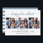 Modern Calligraphy Hanukkah 3 Photo Blue Striped Holiday Card<br><div class="desc">Modern Trendy Calligraphy Script 3 Photo Family Photo Collage Happy Hanukkah Card - Dusty Blue and White Stripes Back</div>