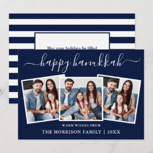 Modern Calligraphy Hanukkah Blue Stripes 3 Photo Holiday Card