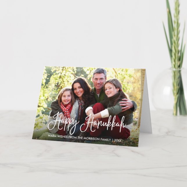 Modern Calligraphy Happy Hanukkah Photo Fold Holiday Card (Front)