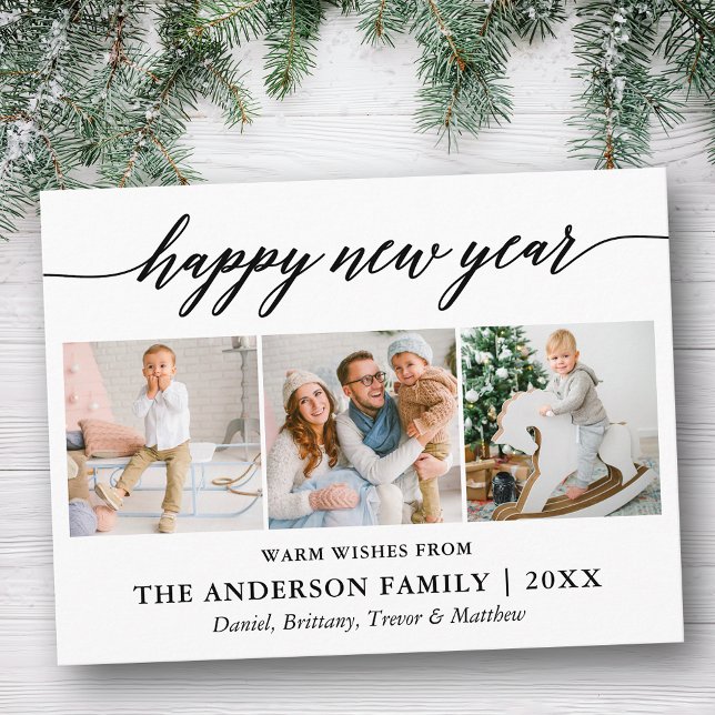 Modern Calligraphy Happy New Year 3 Photo Postcard (Customize to change your personalized text size or text style.)