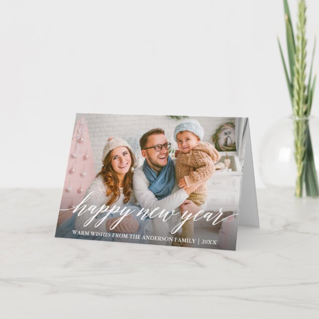 Modern Calligraphy Happy New Year Photo Fold Holiday Card (Front)