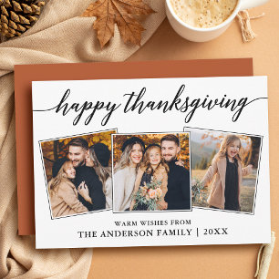Modern Calligraphy Happy Thanksgiving 3 Photos Holiday Card