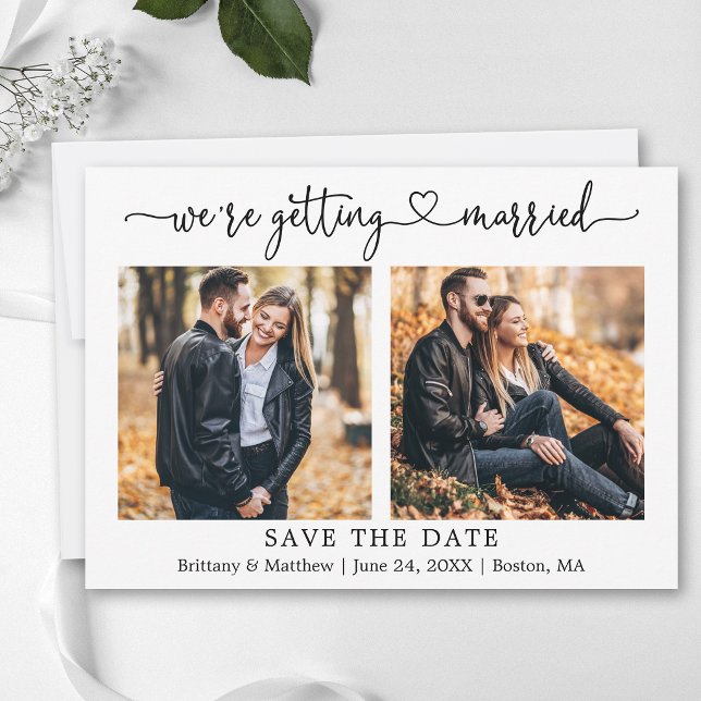 Modern Calligraphy Heart 2 Photo Getting Married Save The Date (Customize to add text to back of card.)