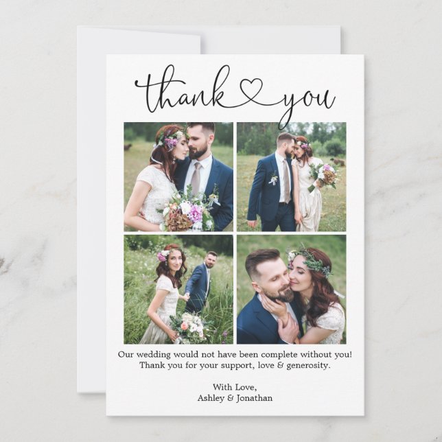 Modern Calligraphy Heart 4 Photo Collage Wedding Thank You Card (Front)
