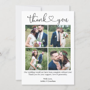 Modern Calligraphy Heart 4 Photo Collage Wedding Thank You Card
