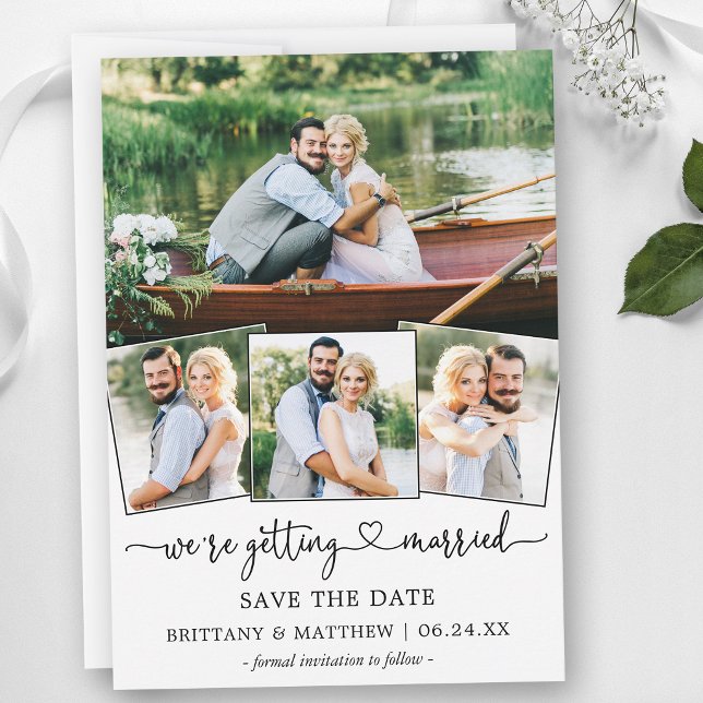 Modern Calligraphy Heart 4 Photo Getting Married Save The Date (Customize to add text to back of card.)