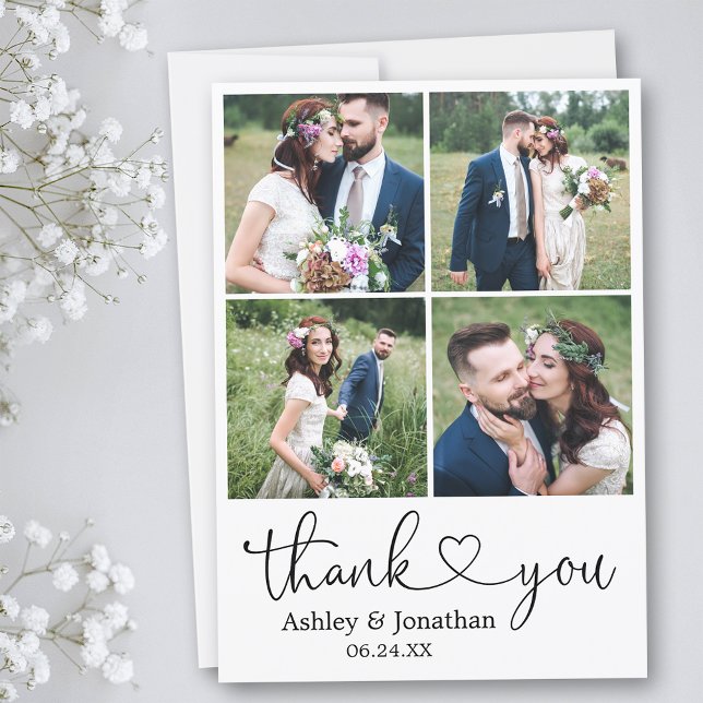 Modern Calligraphy Heart 4 Photo Wedding Thank You Card (Customize to change your personalized text size or text style.)
