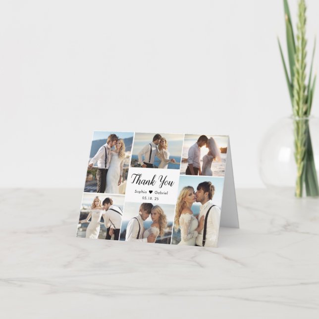 Modern Calligraphy Heart 6 Photo Collage Wedding Thank You Card (Front)