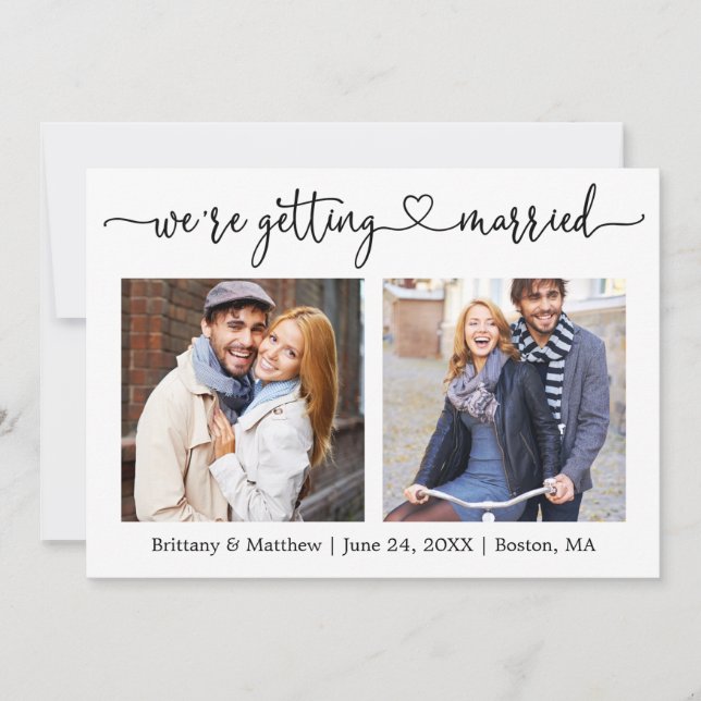 Modern Calligraphy Heart Getting Married 2 Photo Save The Date (Front)