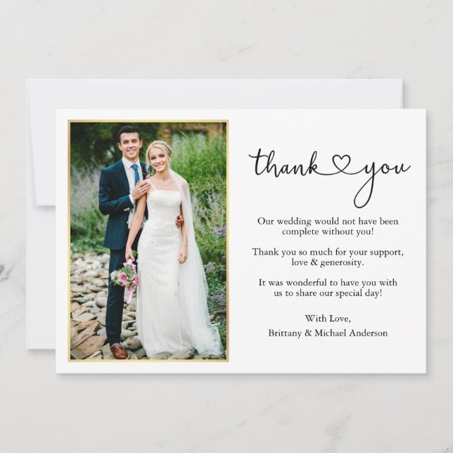 Modern Calligraphy Heart Gold Frame Photo Wedding Thank You Card (Front)