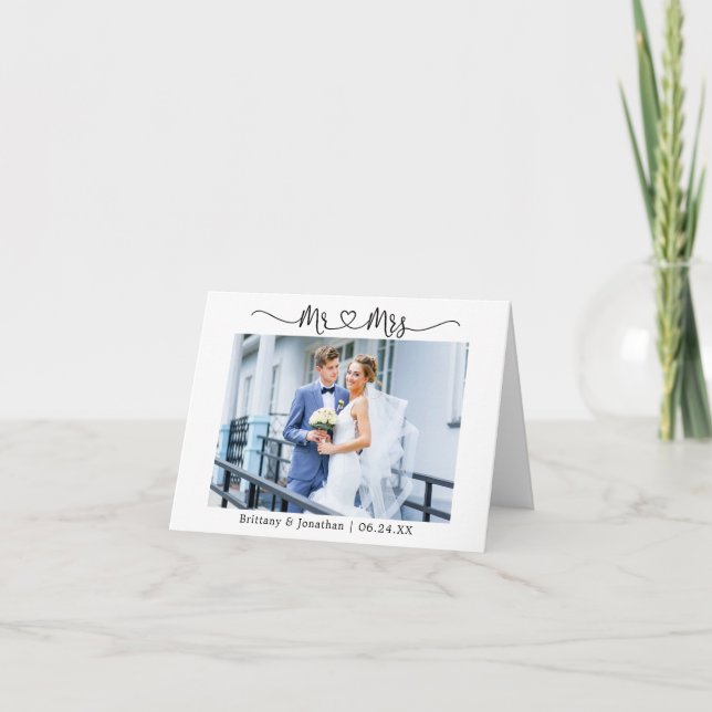 Modern Calligraphy Heart Mr. and Mrs. Wedding Note Thank You Card (Front)