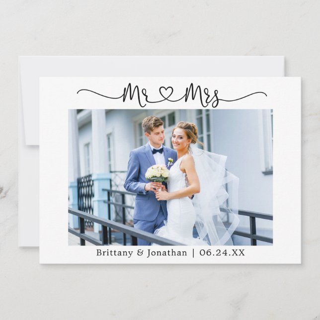 Modern Calligraphy Heart Mr. and Mrs. Wedding Thank You Card (Front)