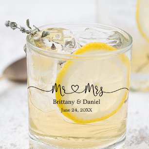 Modern Calligraphy Heart Mr. and Mrs. Wedding Whiskey Glass