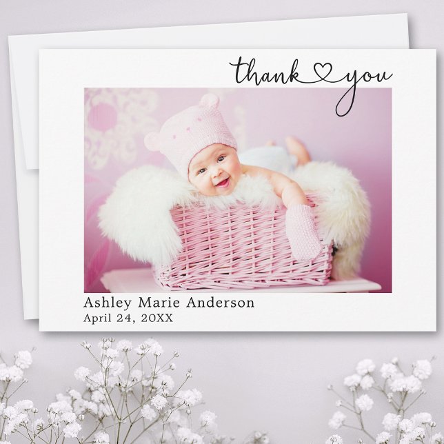 Modern Calligraphy Heart New Baby Thank You Card (Customize to change your personalized text size or text style.)