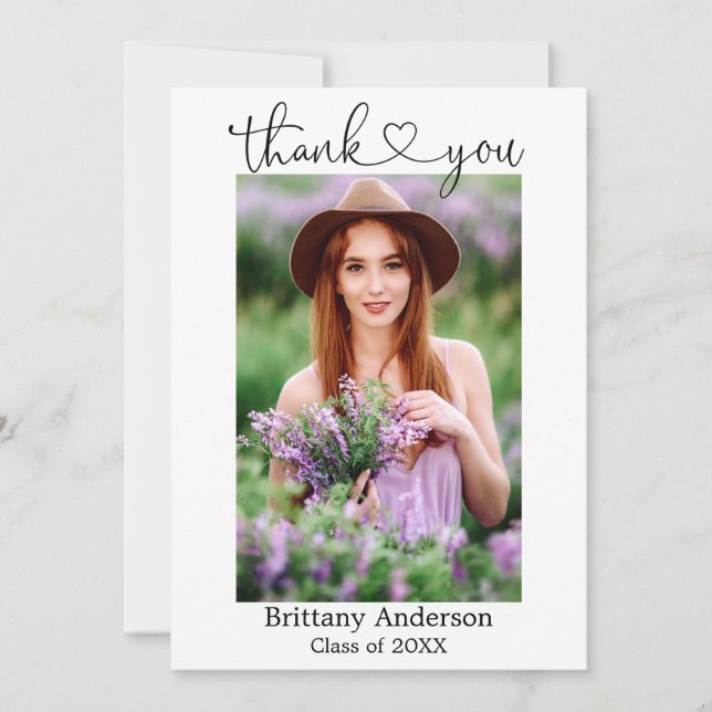 Modern Calligraphy Heart Photo Graduation Thank You Card (Front)
