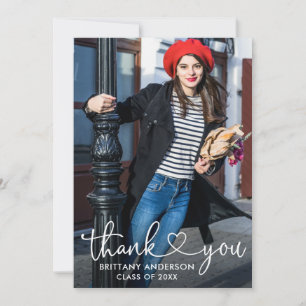 Modern Calligraphy Heart Photo Graduation  Thank You Card