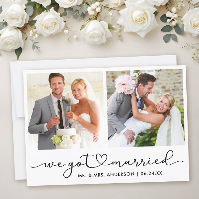 Modern Calligraphy Heart Script 2 Photo Wedding  Announcement (Customize to add text to back of card.)