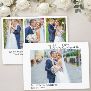 Modern Calligraphy Heart Script 4 Photos Wedding Thank You Card
