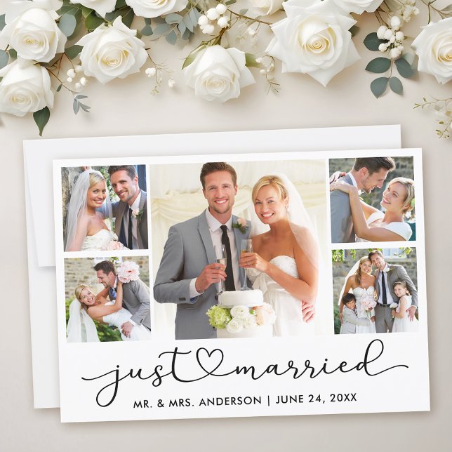 Modern Calligraphy Heart Script 5 Photos Wedding  Announcement (Customize to add text to back of card.)