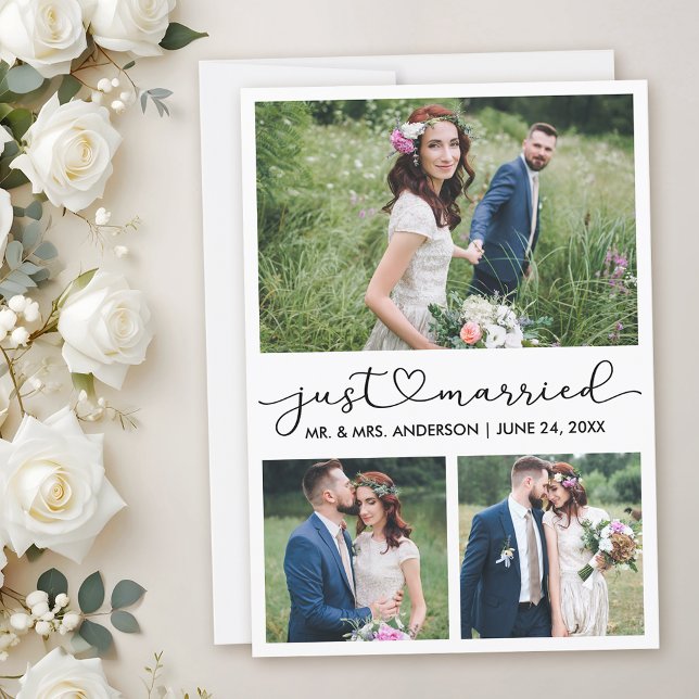 Modern Calligraphy Heart Script Wedding 3 Photos Announcement (Customize to add text to back of card.)
