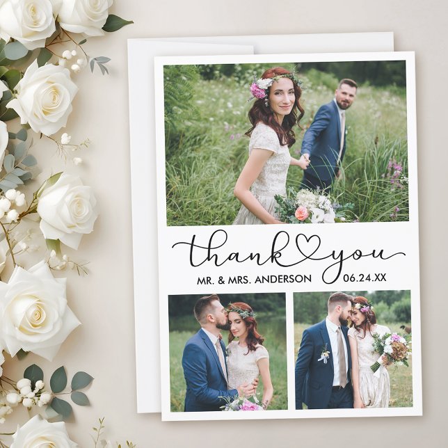 Modern Calligraphy Heart Script Wedding 3 Photos Thank You Card (Customize to add text to back of card.)