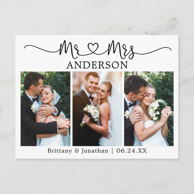 Modern Calligraphy Heart Wedding 3 Photo Thank You Postcard (Front)