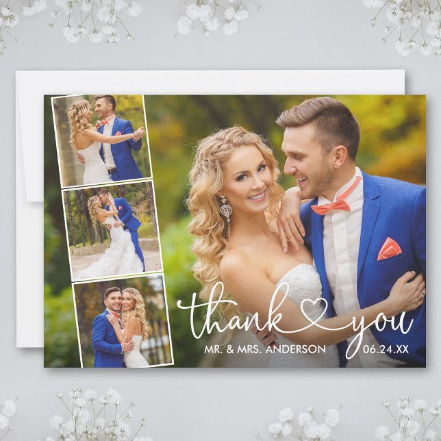 Modern Calligraphy Heart Wedding 4 Photo Collage Thank You Card (Customize to add text or more photos to back of card.)