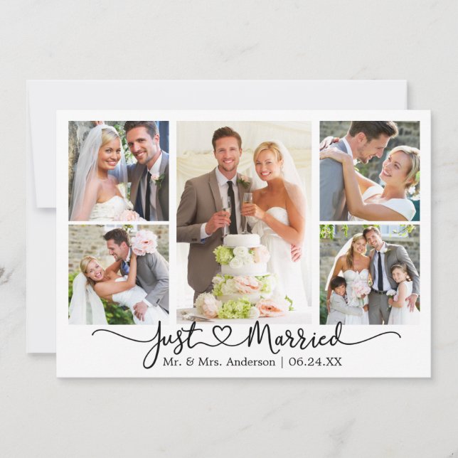 Modern Calligraphy Heart Wedding 5 Photo Announcement (Front)