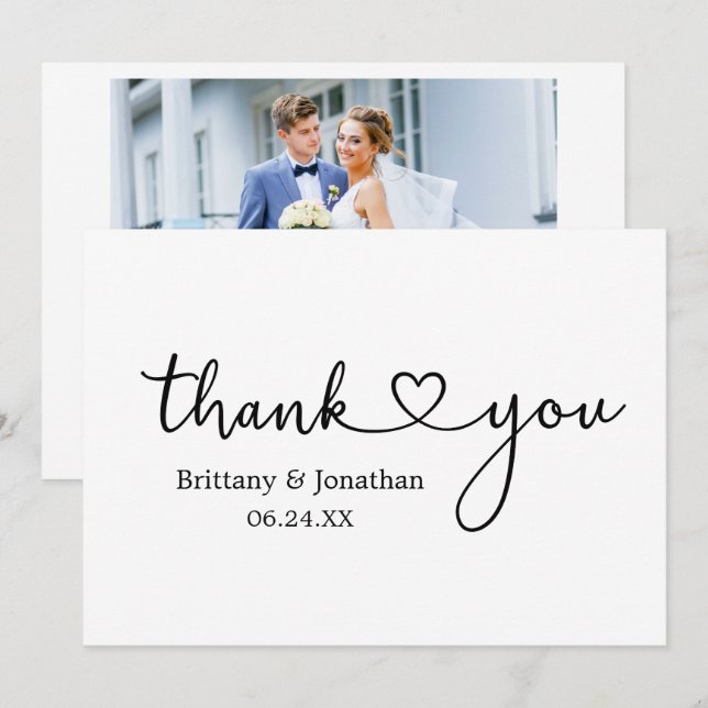Modern Calligraphy Heart Wedding Photo Back Thank You Card (Front/Back)