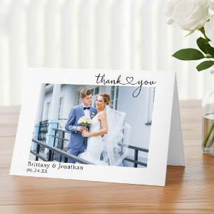 Modern Calligraphy Heart Wedding Photo Fold Thank You Card
