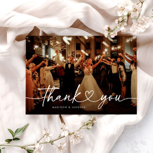 Modern Calligraphy Heart Wedding Photo Thank You Card
