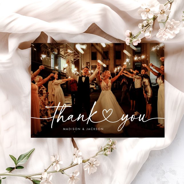 Modern Calligraphy Heart Wedding Photo Thank You Card (Creator Uploaded)