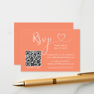 Modern Calligraphy Heart Wedding QR RSVP Coral Enclosure Card