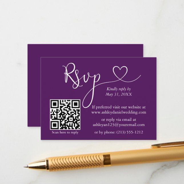 Modern Calligraphy Heart Wedding QR RSVP Purple Enclosure Card (Front/Back In Situ)