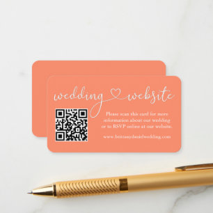 Modern Calligraphy Heart Wedding Website QR Coral Enclosure Card