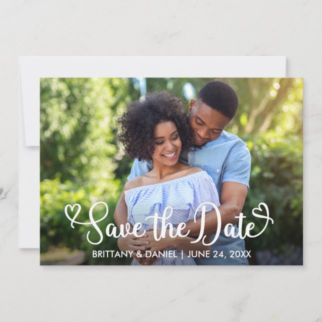 Modern Calligraphy Hearts Photo Save The Date (Front)
