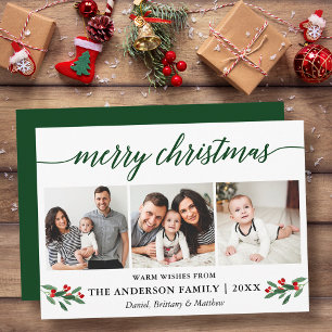 Modern Calligraphy Holly Christmas 3 Photo Green Holiday Card