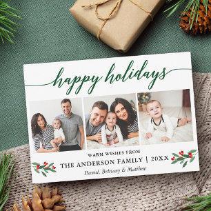 Modern Calligraphy Holly Green 3 Photo Holiday Card