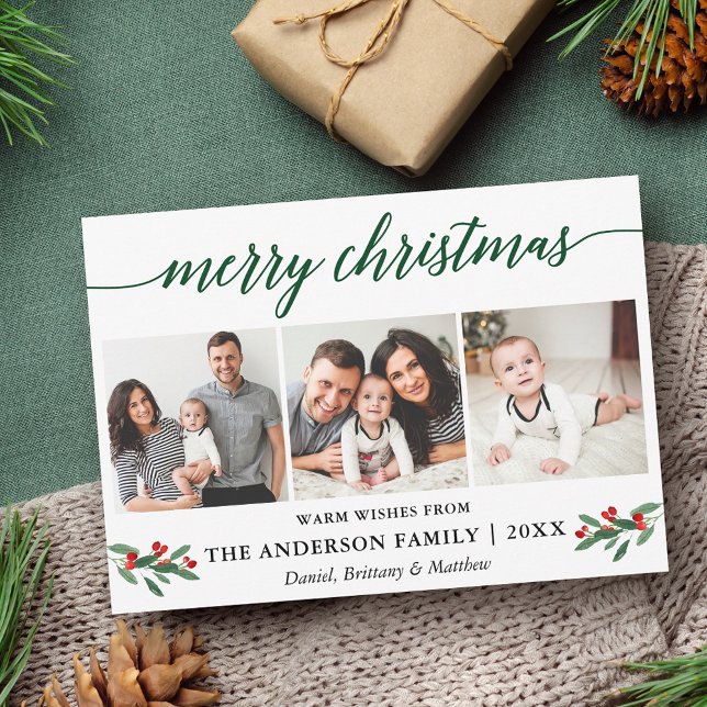 Modern Calligraphy Holly Green Christmas 3 Photo Holiday Card (Customize to add text to back of card.)