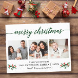 Modern Calligraphy Holly Green Christmas 3 Photo Postcard<br><div class="desc">Modern Calligraphy Script Merry Christmas 3 Photo Holiday Postcard includes Watercolor Holly Berries - Green Script</div>