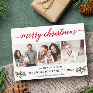 Modern Calligraphy Holly Red Christmas 3 Photo Holiday Card