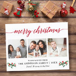 Modern Calligraphy Holly Red Christmas 3 Photo Postcard<br><div class="desc">Modern Calligraphy Script Merry Christmas 3 Photo Holiday Postcard includes Watercolor Holly Berries - Red Script</div>