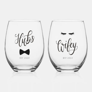 Modern Calligraphy Hubs Wifey Personalised Couple Stemless Wine Glass