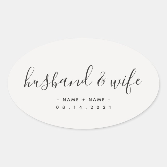 Modern Calligraphy Husband and Wife Wedding Oval Sticker (Front)
