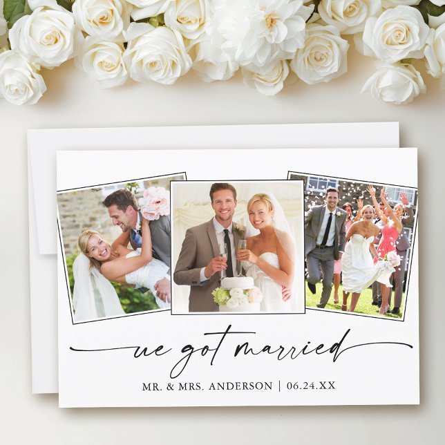Modern Calligraphy Ink Pen 3 Photo Wedding Announcement (Customize to add text to back of card.)