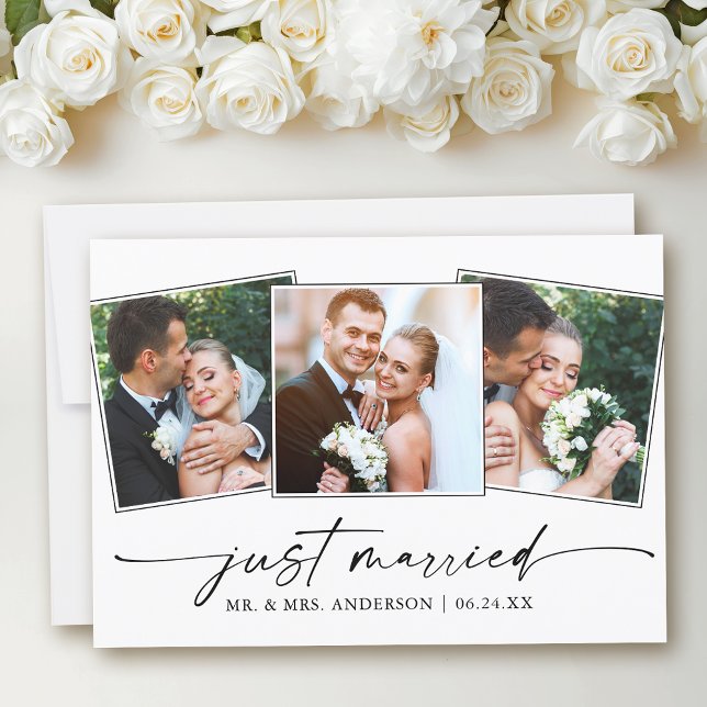 Modern Calligraphy Ink Pen 3 Photos Wedding Announcement (Customize to add text to back of card.)