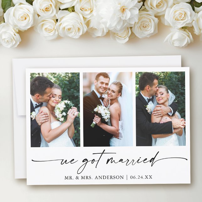 Modern Calligraphy Ink Pen Script 3 Photos Wedding Announcement (Customize to add text to back of card.)