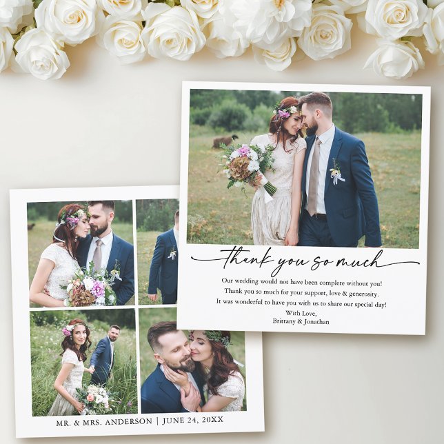 Modern Calligraphy Ink Pen Script 5 Photo Wedding Thank You Card (Customize to change your personalized text size or text style.)